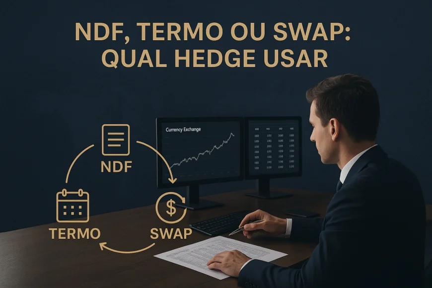 Analista de tesouraria avaliando contratos de hedge cambial em mesa corporativa