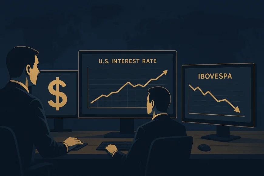 Analistas monitoram telas com dólar, juros americanos e Ibovespa em queda