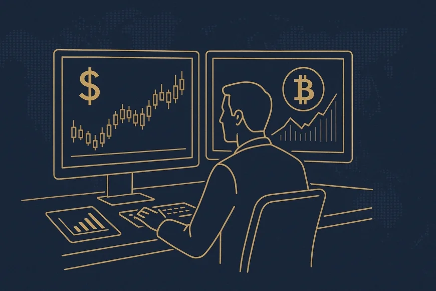 Analista financeiro acompanha gráficos de dólar e Bitcoin em mesa de derivativos