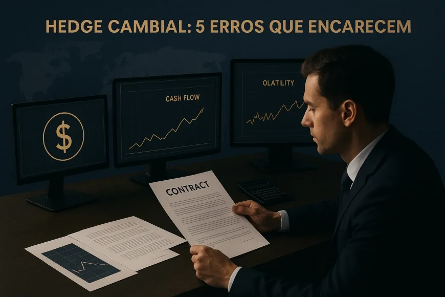 Analista revisando contratos de hedge cambial com telas de dólar e fluxo de caixa