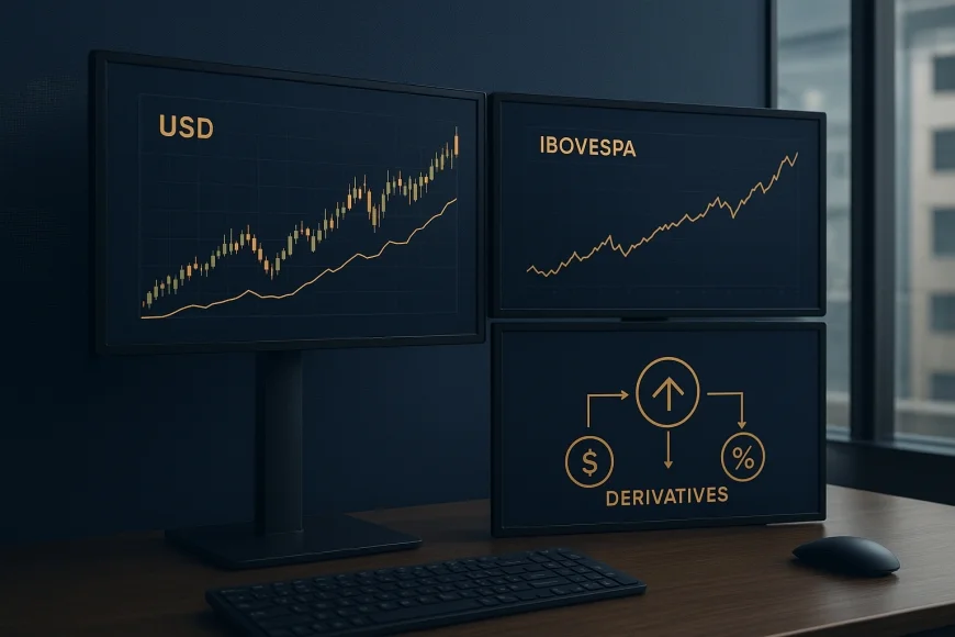 Mesa de trading analisando dólar, Ibovespa e derivativos em telas