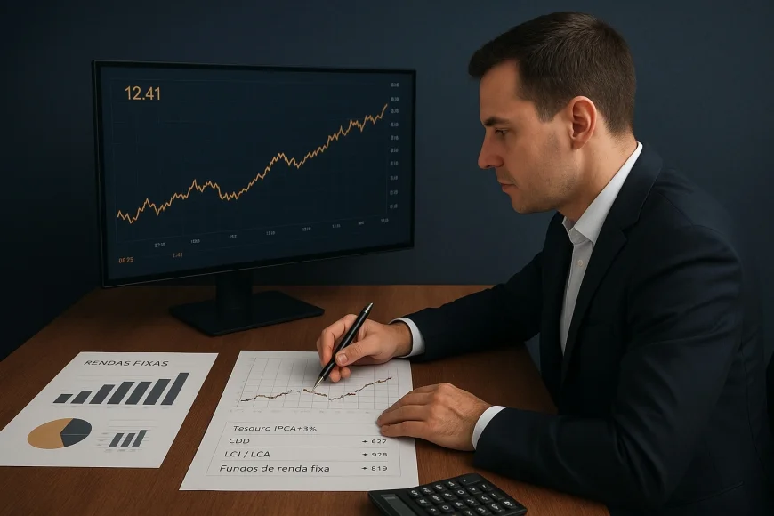 Investidor analisando gráficos de juros reais e títulos públicos