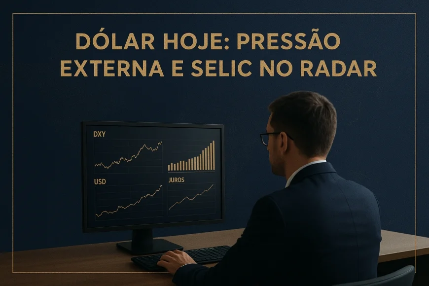 Analista financeiro monitora dólar, juros e hedge em mesa de tesouraria