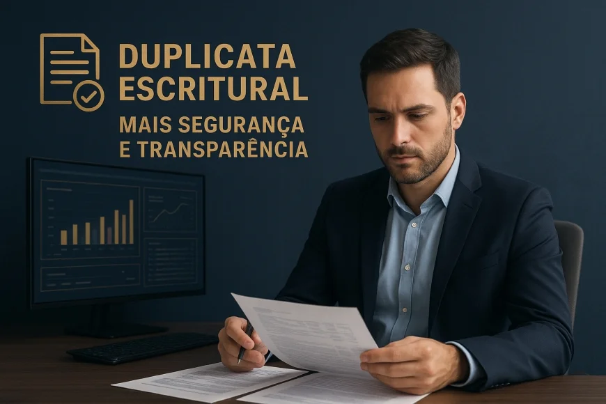 Analista financeiro revisando telas de recebíveis com documentos organizados em escritório