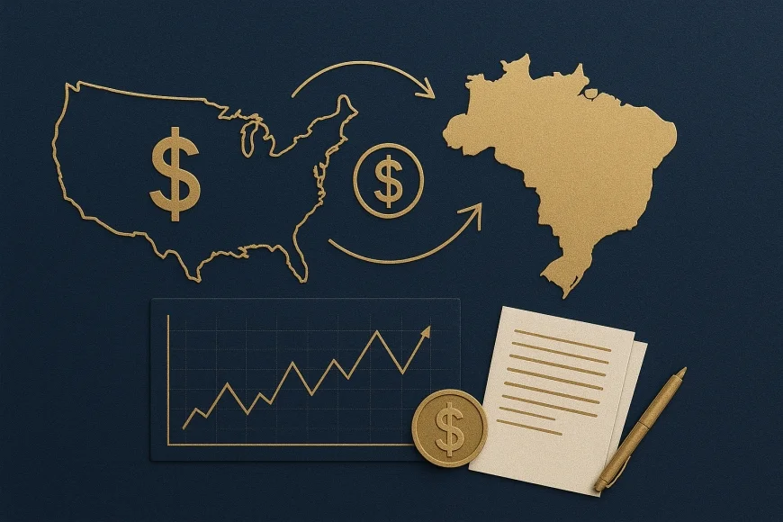 Mesa de análise financeira com gráficos de câmbio e capital estrangeiro