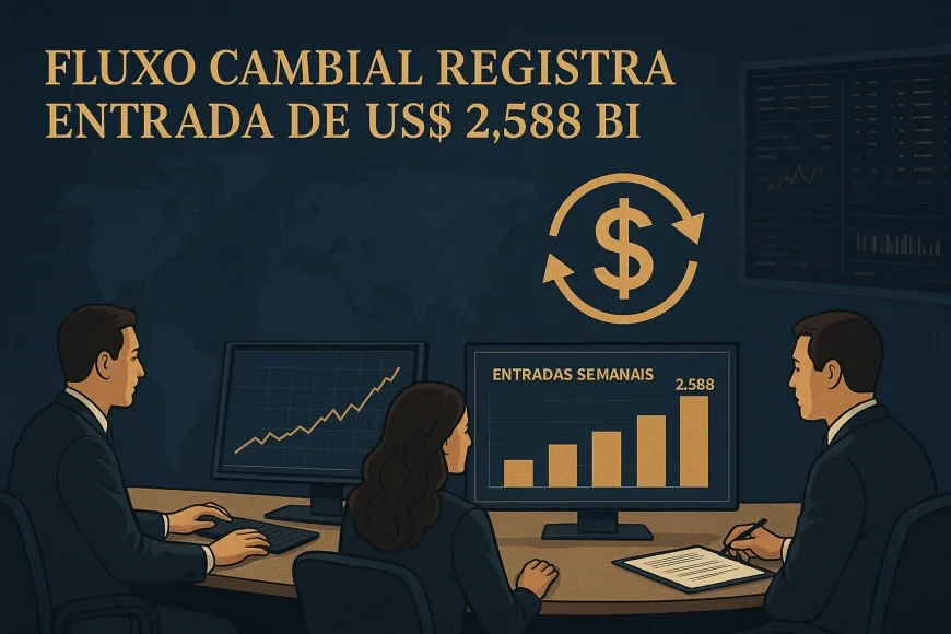 Analistas em mesa de câmbio observando gráfico de fluxo de dólares