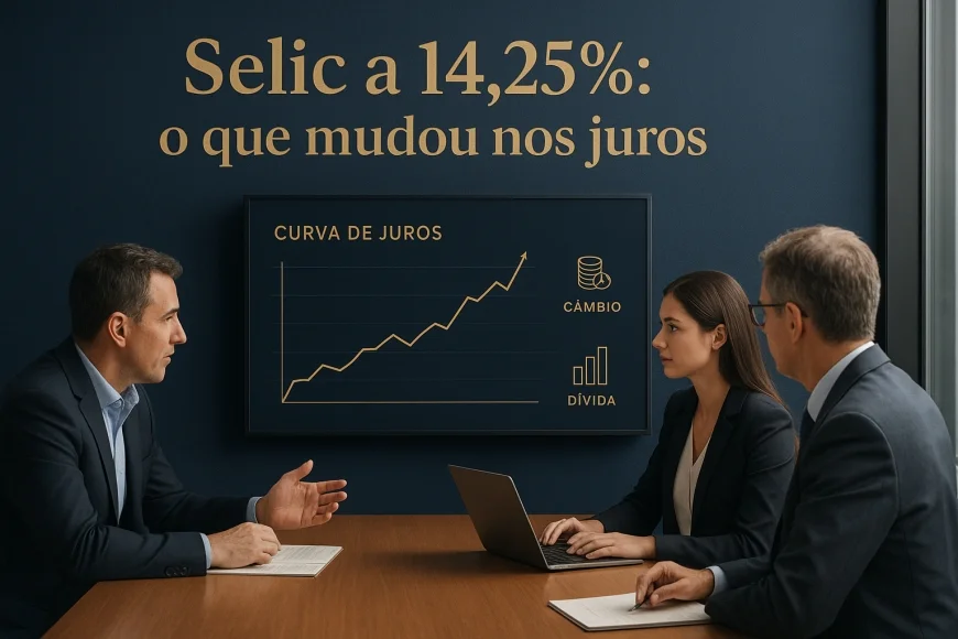 Analistas de tesouraria avaliando curva de juros e risco fiscal em telas