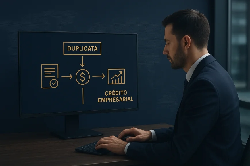 Analista financeiro revisando fluxo digital de recebíveis em ambiente corporativo