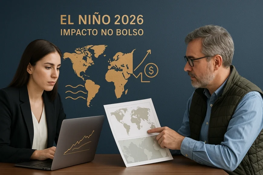 Analista e produtor observando mapas climáticos e gráficos de câmbio