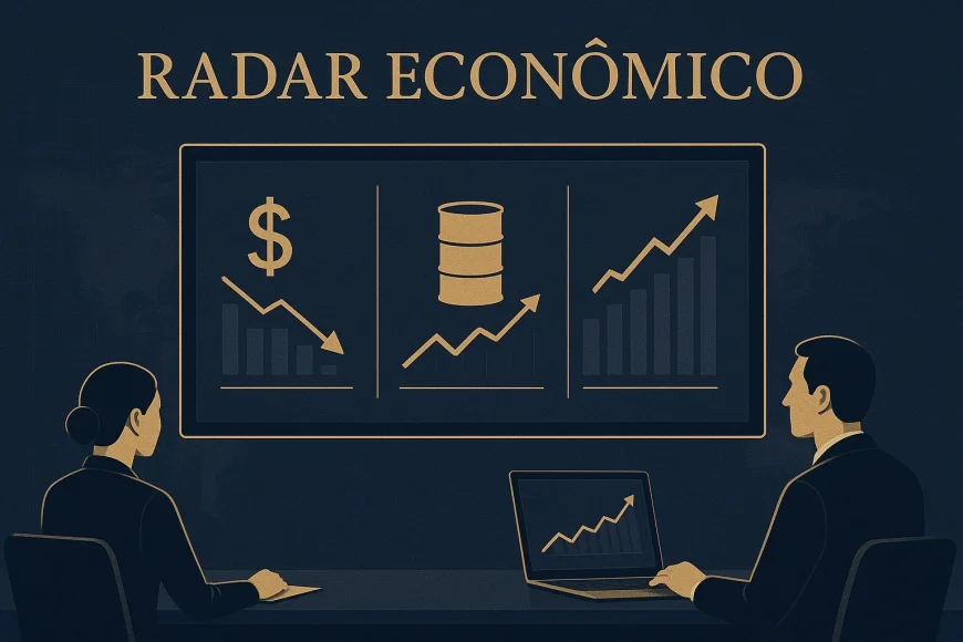 Analistas em mesa de câmbio observando dólar, petróleo e bolsas após alívio geopolítico
