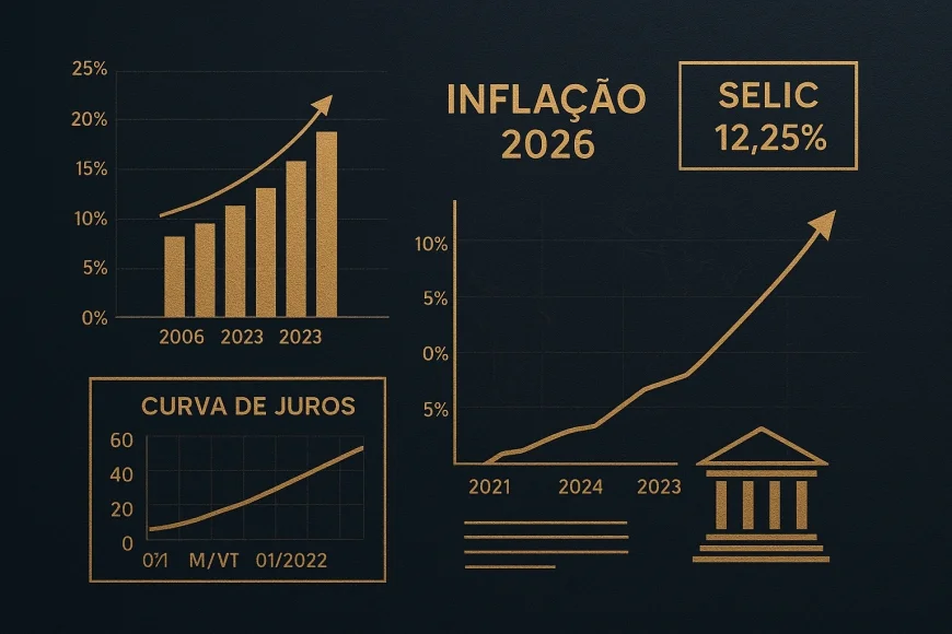 Mesa de operação financeira analisando gráficos de inflação e juros futuros no mercado brasileiro