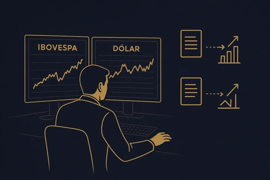 Analista de mercado avaliando telas com gráficos de Ibovespa e dólar