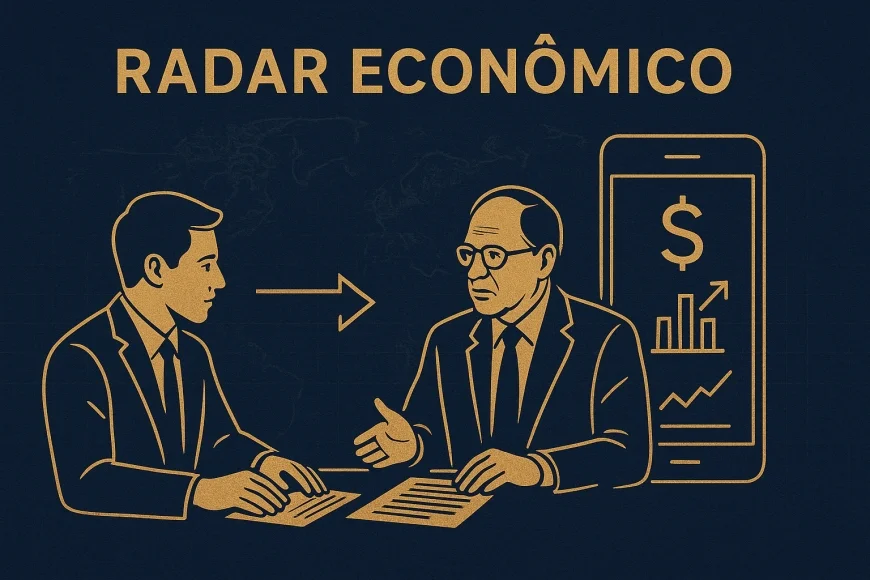 Reunião executiva com documentos regulatórios e aplicativo financeiro ao fundo