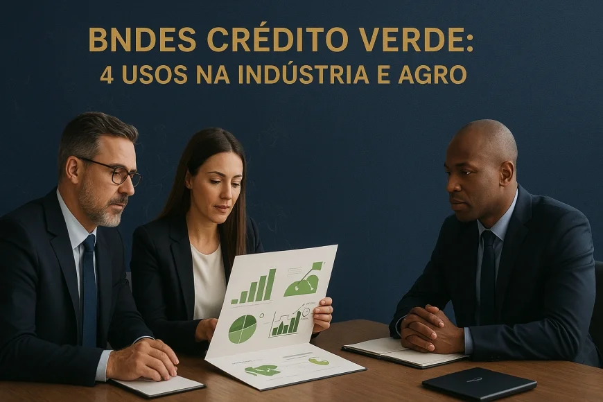 Executivos analisando projeto de financiamento verde com gráficos ambientais