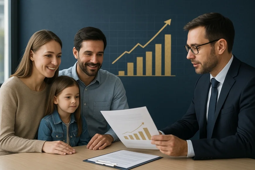Consultor financeiro analisando apólice com família e gráfico de reserva