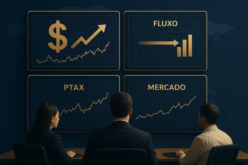 Analistas em mesa de câmbio acompanhando dólar, fluxo e PTAX em telas financeiras