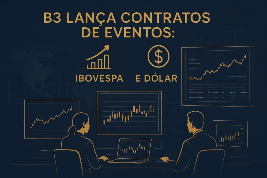 Mesa de operação analisando contratos de eventos e risco de mercado