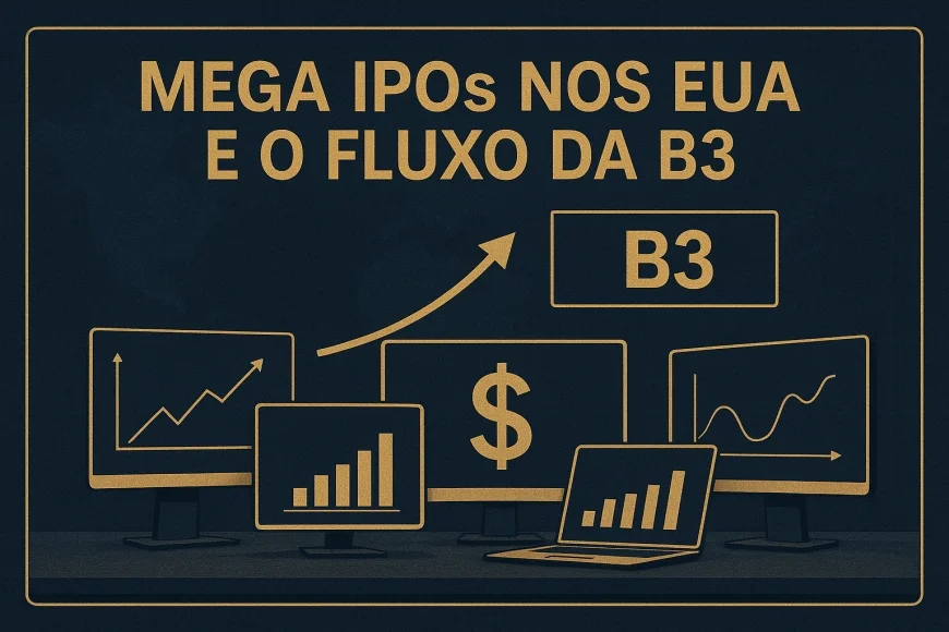 Analistas observam telas com bolsa americana, B3 e dólar em mesa corporativa