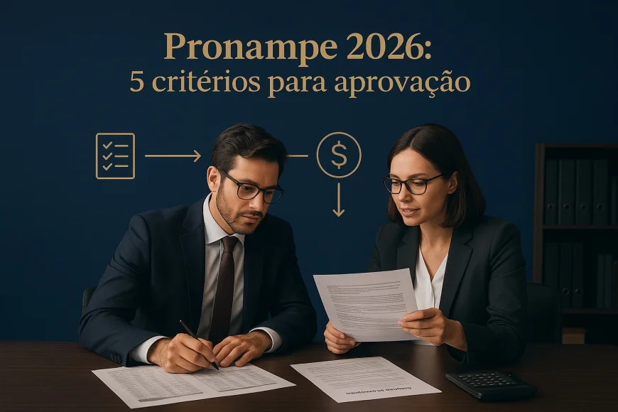 CFO e contador revisando documentos de crédito empresarial em mesa de trabalho