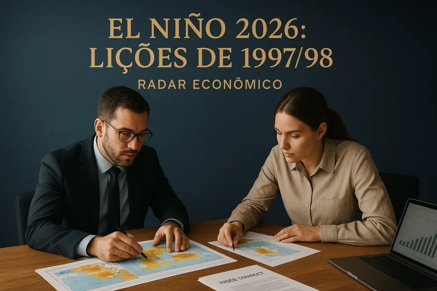 Analista e produtor revisando mapa climático e contratos de hedge