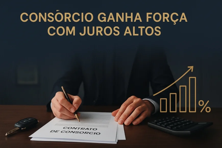 Empresário analisando contrato de consórcio com calculadora e chaves de veículo