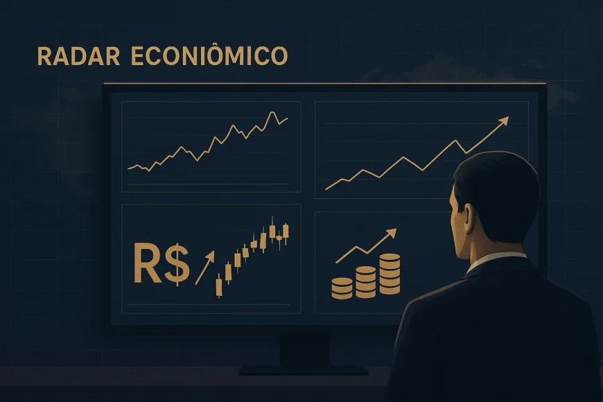 Analista diante de telas com câmbio, bolsa e commodities em avaliação de risco