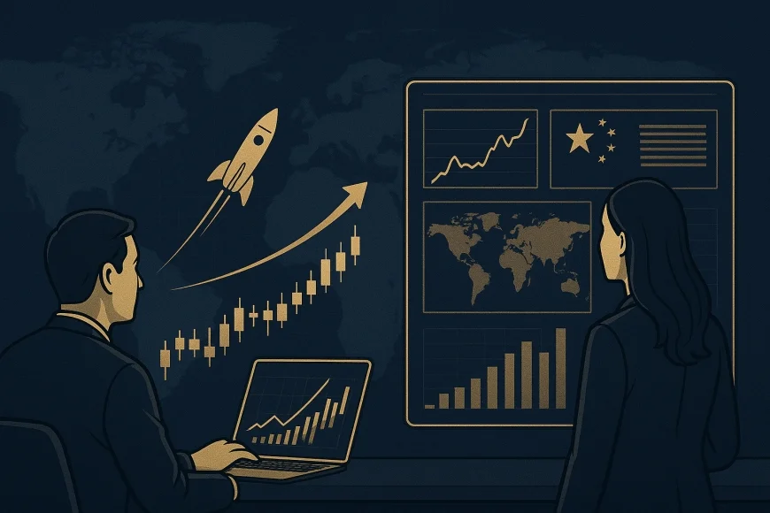 Analistas observando telas com foguete e gráficos de mercado global