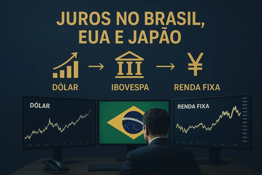 Mesa financeira analisando dólar, juros e títulos públicos em reunião decisiva