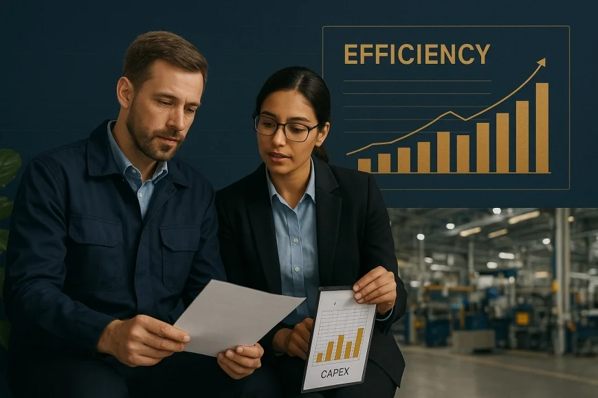 Gerente industrial e analista financeiro avaliando retrofit energético em fábrica