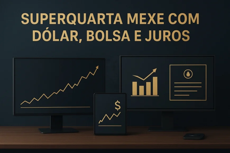Analistas acompanham telas com curvas de juros e dólar em reunião financeira