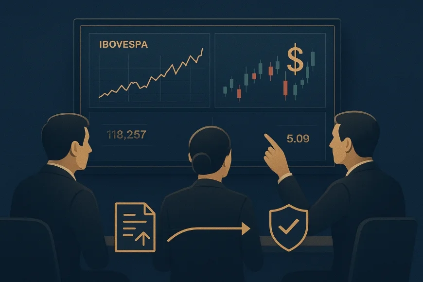 Analistas de mercado observando gráficos de Ibovespa e dólar em tela de negociação
