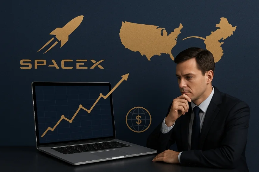 Analistas revisando gráficos de valuation e mapa geopolítico da economia espacial