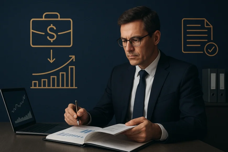 CFO analisando carteira de recebíveis e fluxo de caixa em sala corporativa
