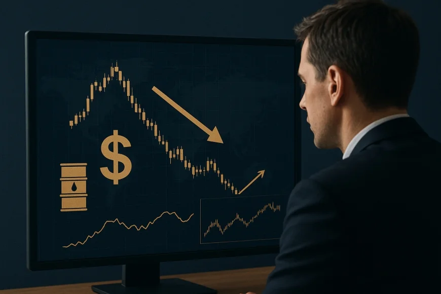 Analista de câmbio observando telas com dólar, petróleo e bolsa em queda