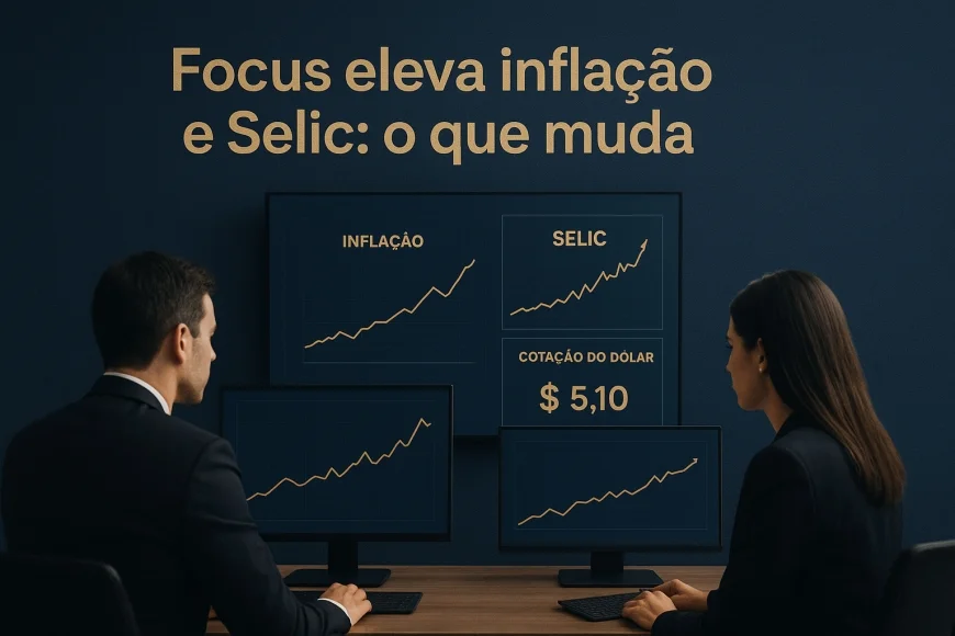 Analistas financeiros revisando curva de juros e inflação em telas