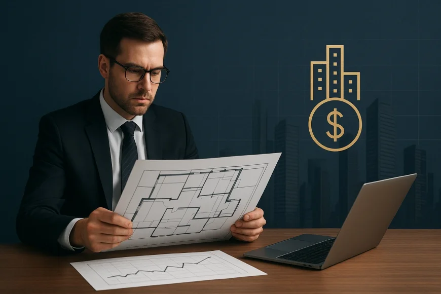 Analista financeiro avaliando laje corporativa premium com prédios da Faria Lima ao fundo