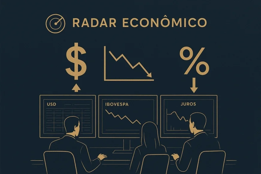 Analistas em mesa de operação monitorando dólar, bolsa e juros futuros