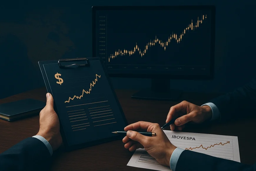Mesa de tesouraria analisando gráfico de dólar e índice com contratos financeiros