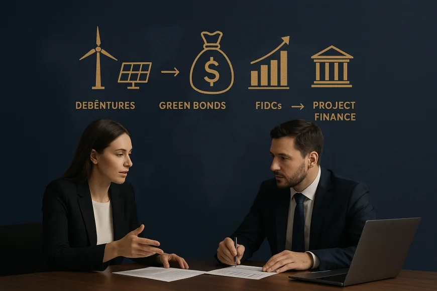 Executivos analisando estrutura de funding para projeto de energia renovável