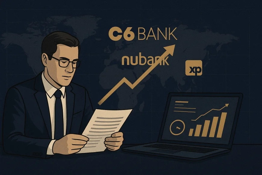 Analista financeiro revisando documentos regulatórios e painel bancário digital