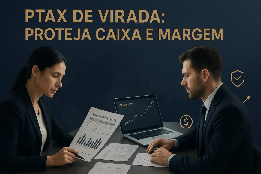 Analistas de tesouraria revisando contratos NDF e caixa corporativo