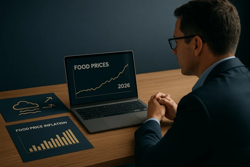 Analista financeiro acompanhando gráficos de alimentos e clima em tela