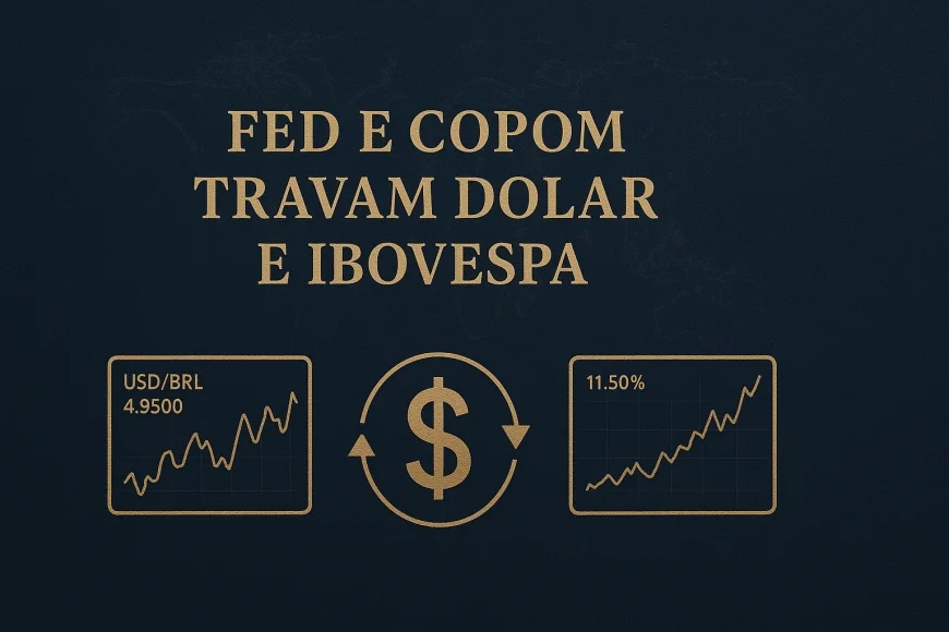 Mesa de operação cambial com telas de dólar, juros e bolsa em análise
