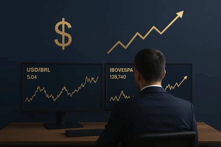 Analista em mesa de trading acompanhando gráficos de dólar e Ibovespa
