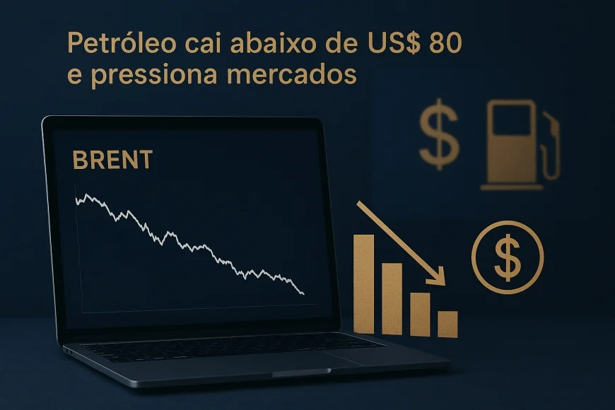 Analista acompanhando gráfico do Brent em queda com telas de câmbio ao fundo