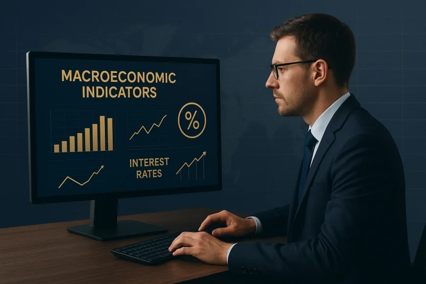 Analista financeiro revisando gráficos de atividade e juros em tela de monitor