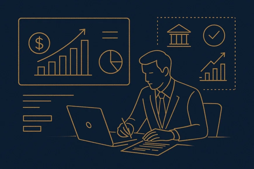 Executivos analisando limites de crédito e funding em reunião bancária