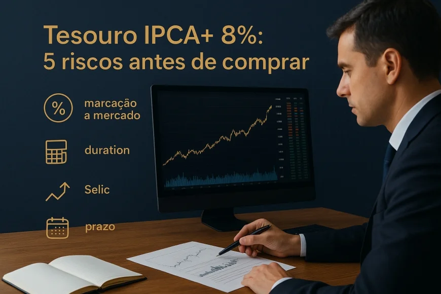 Investidor analisando curva de juros e títulos públicos em mesa financeira
