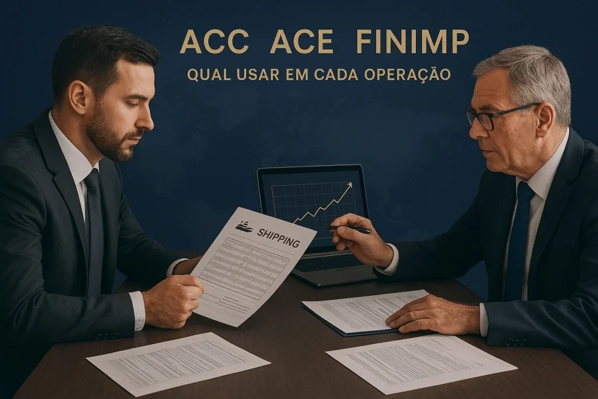 Executivos analisando documentos de exportação e gráfico cambial em mesa financeira