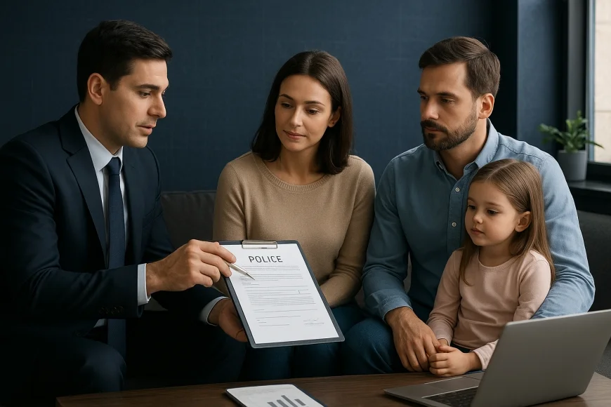 Consultor financeiro analisando apólice e tabela de reserva com família ao fundo